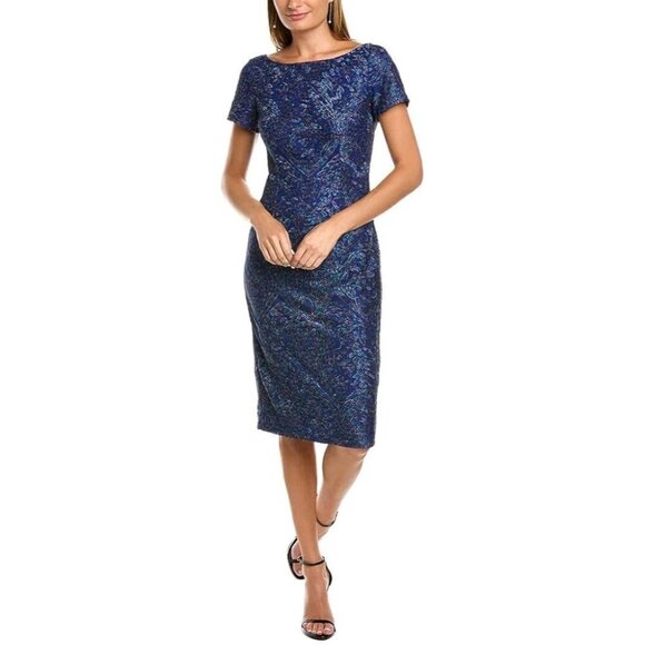 J S Collections Blue Jacquard Cap Sleeve Cocktail Sheath Dress Womens 6, NWT. - Picture 1 of 8
